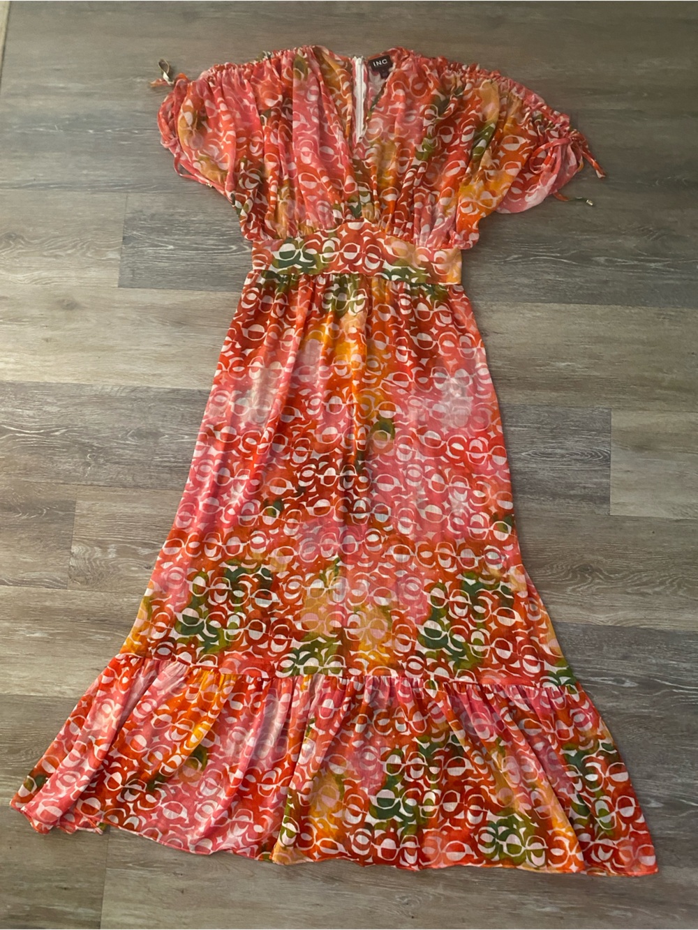 INC International Concepts Coral Pink Orange Green Printed Maxi Dress Small
